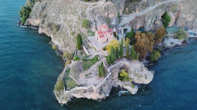 Aerial View of the Church of Saint Jovan the Theologian at Kaneo during Dusk - Ohrid, North Macedonia