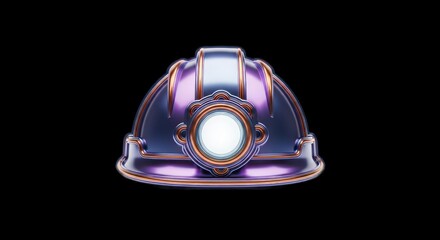 Futuristic Purple Mining Helmet with Glowing Light on Black Background.