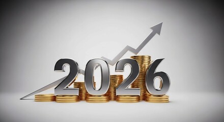 Metallic “2026” with Upward Silver Arrow on Stacked Gold Coins Representing Future Financial Growth and Investment Success