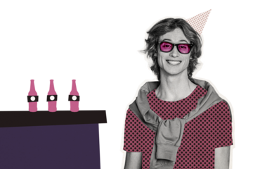 Composite photo collage of happy positive young man wear sunglass stand bar table beer beverage alcohol rest isolated on painted background