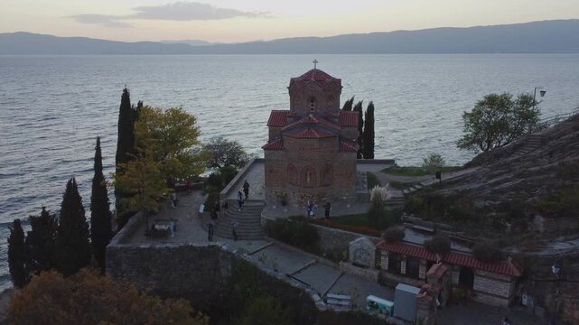 Aerial View of the Church of Saint Jovan the Theologian at Kaneo during Dusk - Ohrid, North Macedonia