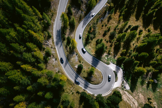 Aerial view of a serpentine road winding through a dense forest of evergreens, vehicles gracefully navigating the sharp curves, Plan De Gralba, Trentino-Alto Adige, Italy.