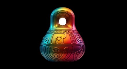 Vibrant Rainbow-Colored Ornamental Object with Intricate Carvings on Black Background.