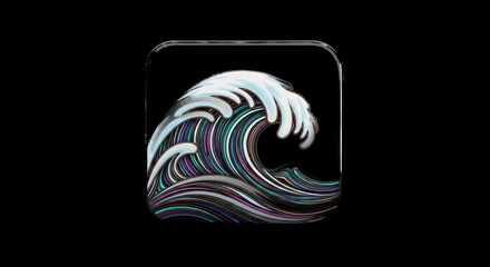Stylized iridescent ocean wave icon on a black background.