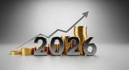 Metallic “2026” with Upward Silver Arrow on Stacked Gold Coins Representing Future Financial Growth and Investment Success