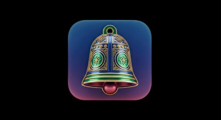 Elegant bell icon with intricate design and vibrant colors on dark background.