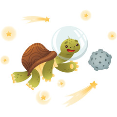 Cartoon Tortoise Astronaut Floating in Space Amidst Stars and Asteroids Wearing a Spacesuit with a Transparent Background
