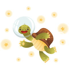 Cartoon Tortoise Wearing Space Helmet Floating Among Stars Illustration On Transparent Background