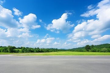Fototapeta premium Empty asphalt road and green forest landscape under the blue sky with beautiful clouds in springtime