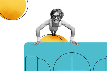 Creative picture collage young sportsman pushups exercise practicing bodybuilder physical activity healthcare drawing background