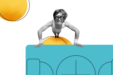 Creative picture collage young sportsman pushups exercise practicing bodybuilder physical activity healthcare drawing background