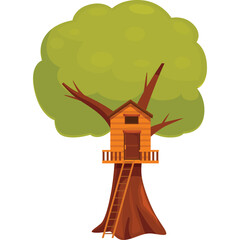 Cartoon Treehouse With Ladder Attached To A Big Green Tree With Brown Trunk And Branches In A Sunny Day With A Transparent Background