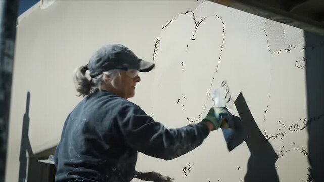 Professional Woman Artisan Spreading Plaster and Stucco on a Wall with a Trowel Skillfully Creating a Unique Heart Shape in the Wet Material during Home Renovat