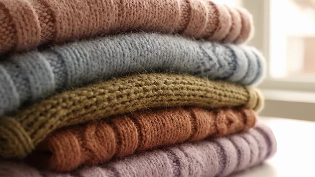 Colorful knitted sweaters stacked on table. Cozy warm textiles create inviting atmosphere indoors. Perfect addition to winter wardrobe.