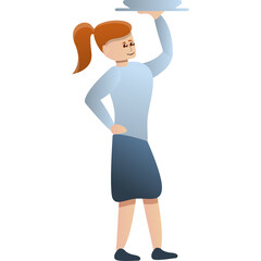 Cartoon Style Young Woman Waiter Holding Tray Overhead With One Hand And Posing Confidently With Other Hand On Hip In A Professional Setting