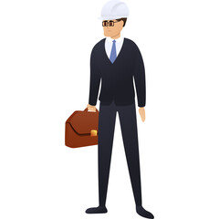 Cartoon Stylized Engineer Man in White Hard Hat and Suit Holding Briefcase Standing Isolated on White Background
