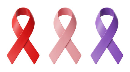 World cancer day set of ribbons. Red, pink, purple ribbon 3d render illustration isolated on transparent background.
