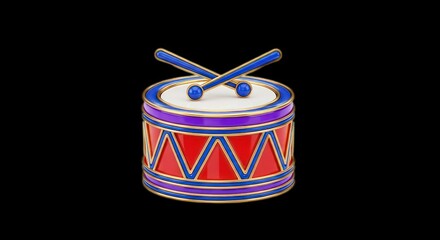 A colorful toy drum with drumsticks on a black background.
