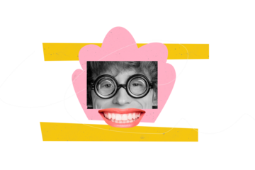 Creative picture collage young man mouth face fragment psychedelic concept smile toothy cheerful eyewear nerd glasses drawing background