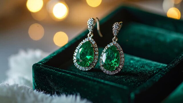 Elegant Emerald Drop Earrings Sparkle In Velvet Jewelry Box With Soft Bokeh Lights Background