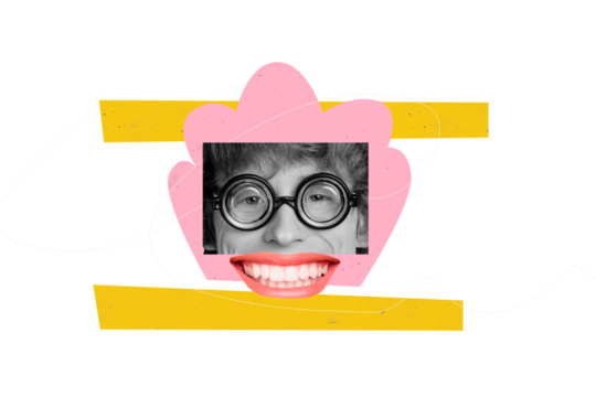 Creative picture collage young man mouth face fragment psychedelic concept smile toothy cheerful eyewear nerd glasses drawing background