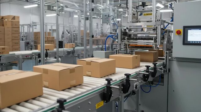 Packaging machine sealing cardboard boxes on conveyor line, automated system at factory, packaging process for delivery logistics, warehouse production, no people, packaging workflow