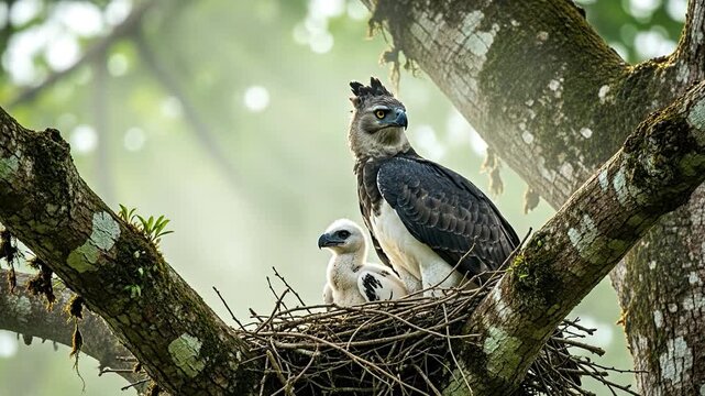 Majestic Harpy Eagle and chick watch from high Kapok tree in misty jungle