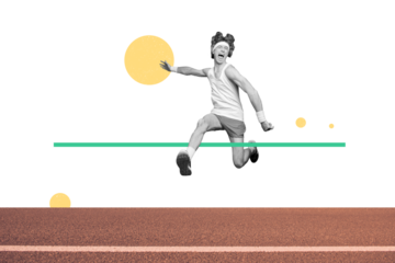 Collage 3d image of pinup pop retro sketch of funny young man running sprint olympic games sport event concept bizarre unusual billboard