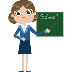 Cartoon Teacher In Blue Suit Standing Next To Chalkboard With Word School Written On It And Holding A Pointer Stick Demonstrating A Lesson