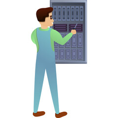 Cartoon Technician In Light Blue Overalls Inspecting Server Rack With Screwdriver In Hand On White Background