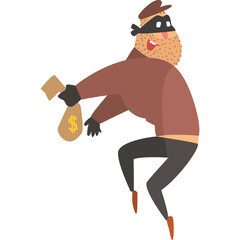 Cartoon Thief Character Wearing A Brown Jacket And Hat Stealing A Money Bag With A Dollar Sign In A Dynamic Pose Against A White Background