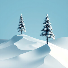 A minimalist, abstract winter landscape with two coniferous trees only, color palette is cream white, matte black, and a single accent of neon cerulean blue.eps