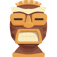 Cartoon Tiki Idol Mask Wooden Sculpture with Angy Face Orange Brown and Yellow Colors Isolated on Transparent Background Stylized Tribal Art