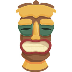 Cartoon Tiki Idol Mask With Brown Face Green Eyes Yellow Accents And Red Mouth Against A White Background