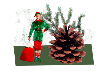 Composite photo collage of happy elf man hold present bag santa claus cone new year tree decor nature xmas isolated on painted background