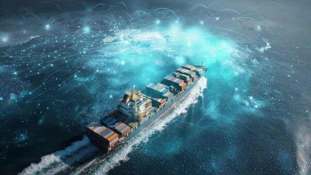 Aerial view of a large cargo ship sailing through the ocean with glowing digital network connections overlayed across the water, symbolizing smart shipping, global trade, and maritime technology - Powered by Adobe