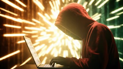 A mysterious hacker in a red hoodie, silhouetted against vivid orange and green digital rain, types intensely on a laptop as lines of code scroll rapidly, enhancing the cyber-thriller atmosphere. - Powered by Adobe