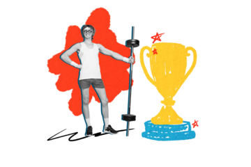 Composite trend artwork 3D sketch image collage of young guy sportsman effort hold kettlebell stand huge golden goblet trophy win winner