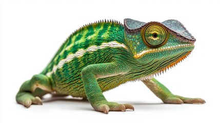 Fototapeta premium Close-up of bright green chameleon on white background, details of scales and eyes. Useful for scientific articles, educational materials about nature, tattoo design, children's books.
