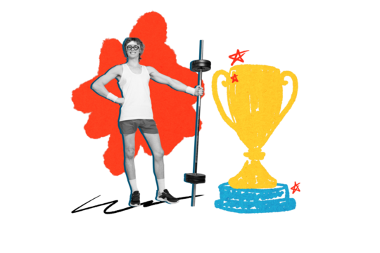 Composite trend artwork 3D sketch image collage of young guy sportsman effort hold kettlebell stand huge golden goblet trophy win winner