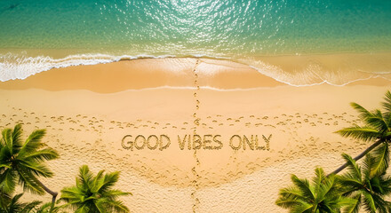 Tropical Beach: Good Vibes Only Message in Sand