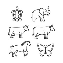 Diverse Animal Line Art Collection Turtle Elephant Cows Horse Butterfly.
