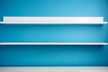 Obraz premium Two empty white shelves on a vibrant blue wall, offering ample copy space for product placement or design elements