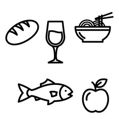 Diverse Food Icons Bread Wine Noodles Fish and Apple.