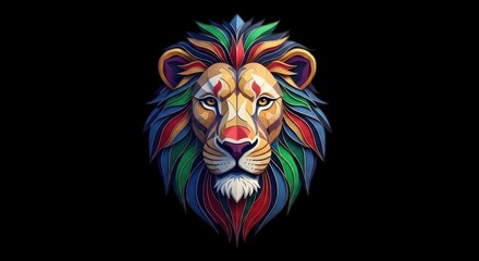 Colorful Lion Portrait with Abstract Design on Black Background.
