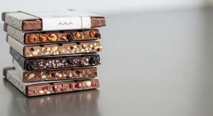 Gourmet assorted chocolate bars with nuts and dried fruits on modern surface for confectionery and culinary design