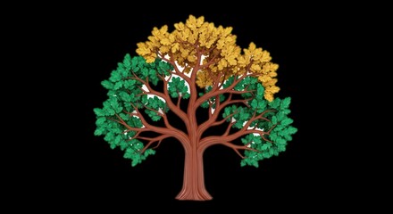 Colorful Tree Illustration with Green and Yellow Leaves on Black Background.