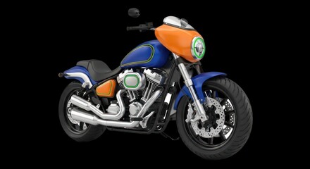 Stylish Blue and Orange Motorcycle on a Black Background.