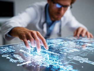 A medical professional uses a futuristic digital interface, interacting with holographic data. The setting is a modern clinic, highlighting technology in healthcare applications.