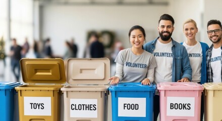 Community volunteers organizing donations for environmental and charitable causes